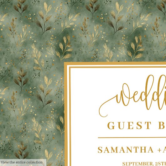 Boho sage green gold leaves wedding guest book ゲストブック