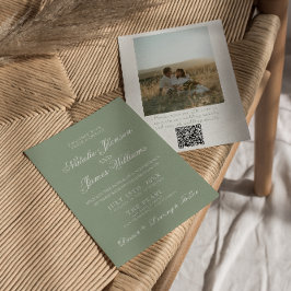 Boho Sage Green Modern QR Code Photo Wedding 招待状