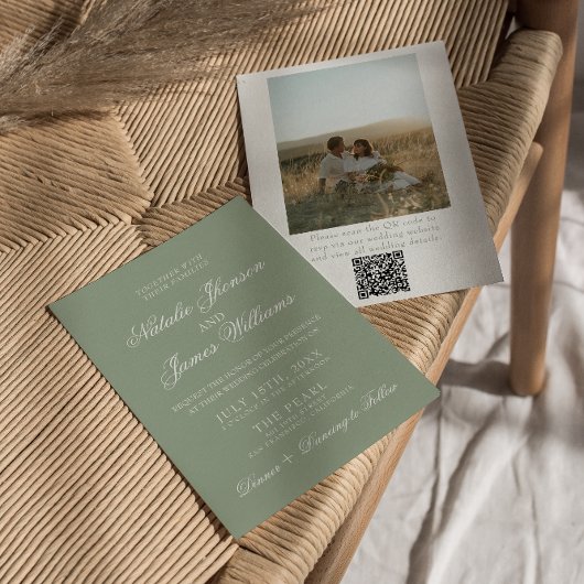 Boho Sage Green Modern QR Code Photo Wedding 招待状