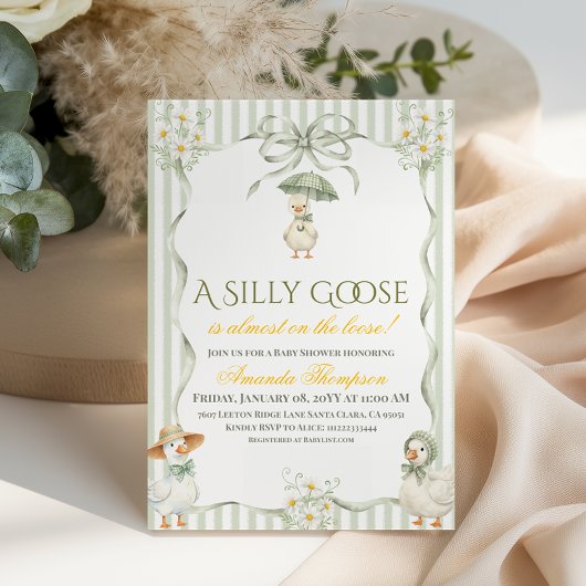 Boho Sage Green Neutral Silly Goose Baby Shower 招待状