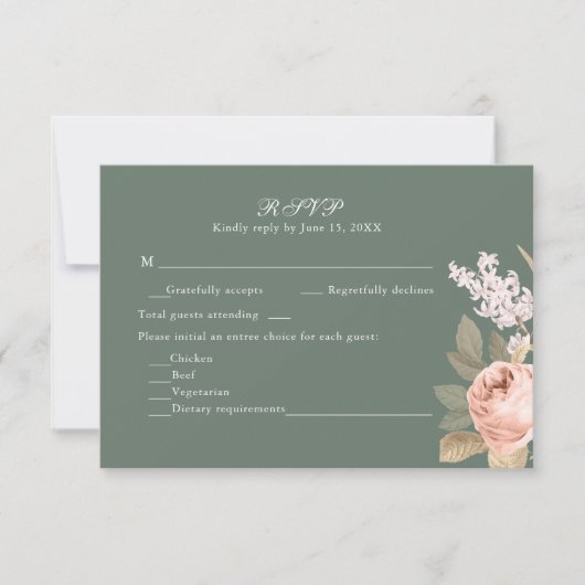 Boho Sage Green Peonies Wedding RSVP Card (正面)