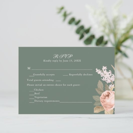 Boho Sage Green Peonies Wedding RSVP Card (スタンド正面)