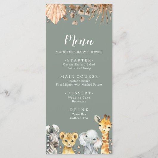 Boho Sage Green Safari Oh Boy Baby Showerメニュー メニュー (正面)