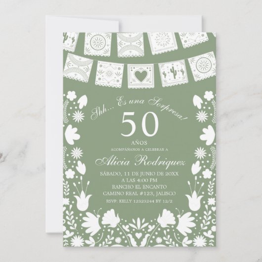Boho Sage Green Talavera Mexican Surprise Birthday 招待状 (正面)