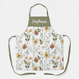 Boho Sage Green Watercolor Wildflower Custom Name エプロン