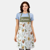 Boho Sage Green Watercolor Wildflower Custom Name エプロン (着用した状態)