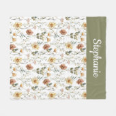 Boho Sage Green Watercolor Wildflower Monogram フリースブランケット (正面(横))
