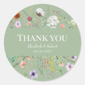 Boho Sage Green Wildflower Thank You ラウンドシール (正面)
