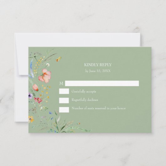 Boho Sage Green Wildflower Wedding RSVP Card (正面)
