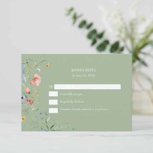 Boho Sage Green Wildflower Wedding RSVP Card (スタンド正面)