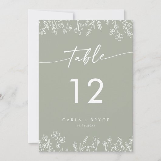 Boho Sage Green Wildflower Wedding Table Numbers 招待状 (正面)
