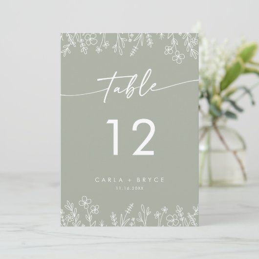 Boho Sage Green Wildflower Wedding Table Numbers 招待状 (スタンド正面)
