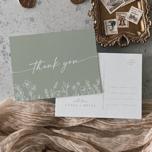 Boho Sage Green Wildflower Wedding Thank You ポストカード