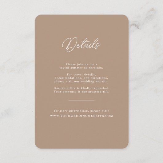 Boho Sand Minimalist Script Wedding Details Card エンクロージャーカード (正面)