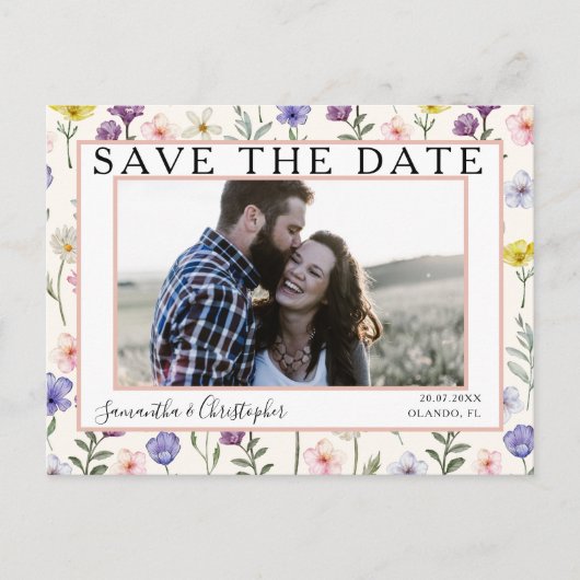 Boho Save the Date Wildflower & Photo ポストカード (正面)