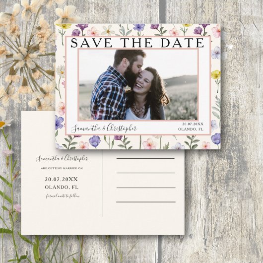 Boho Save the Date Wildflower & Photo ポストカード