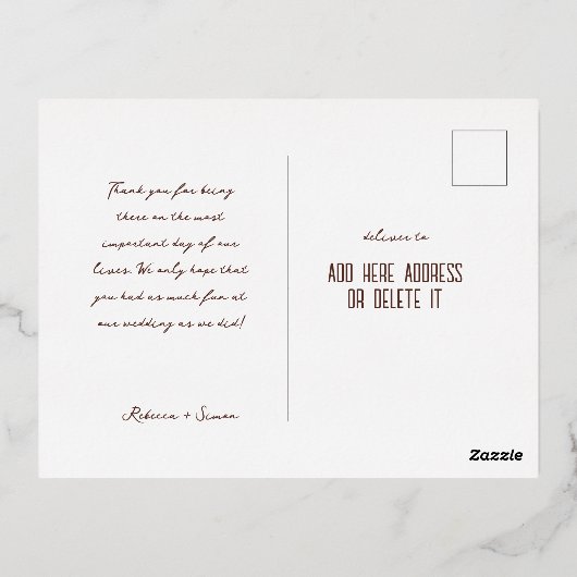 Boho Scriptエレガント写真の結婚ありがとう 箔招待状ポストカード (裏面)