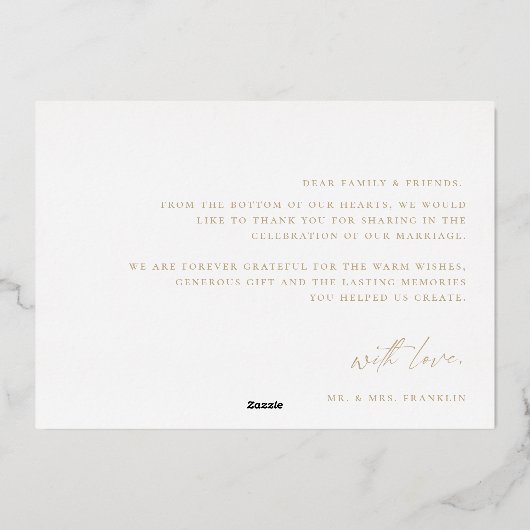 Boho Scriptモダンの写結婚真ありがとう 箔招待状 (裏面)