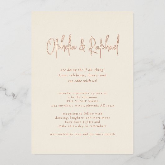 Boho Script QRコードクリーム結婚の贅沢実在 箔招待状 (正面)