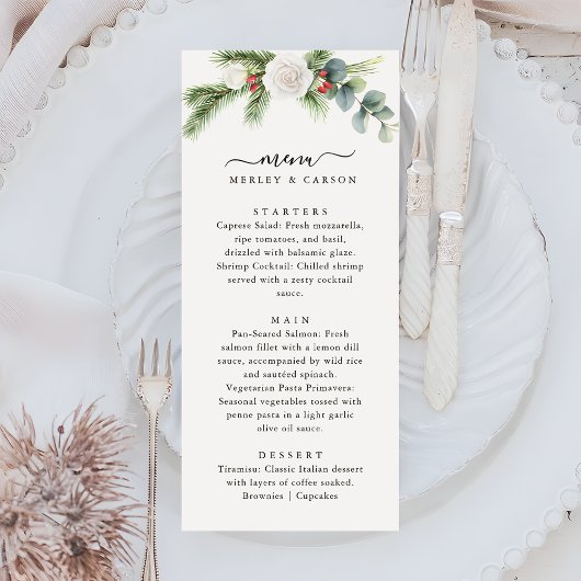 Boho Script Winter Greenery Evergreen Wedding メニュー