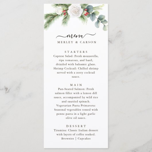 Boho Script Winter Greenery Evergreen Wedding メニュー (正面)