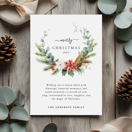 Boho Script Winter Greenery Merry Christmas シーズンカード