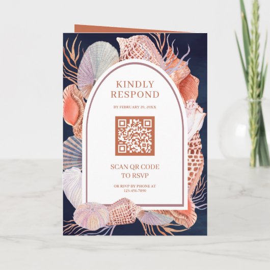 Boho Seashells Nautical Navy Blue QR Code Wedding 招待状 (裏面)