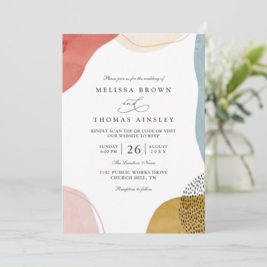 Boho Shapes Tropical Minimalist QR Code Wedding 招待状 (スタンド正面)