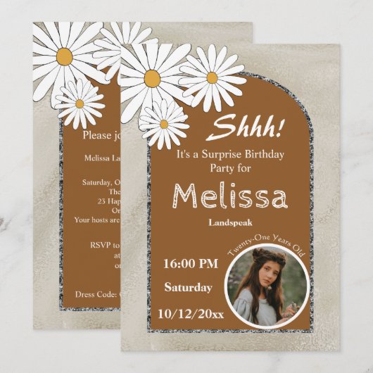 Boho & Silver Arche & Whiteデイジー誕生会 招待状 (正面/裏面)