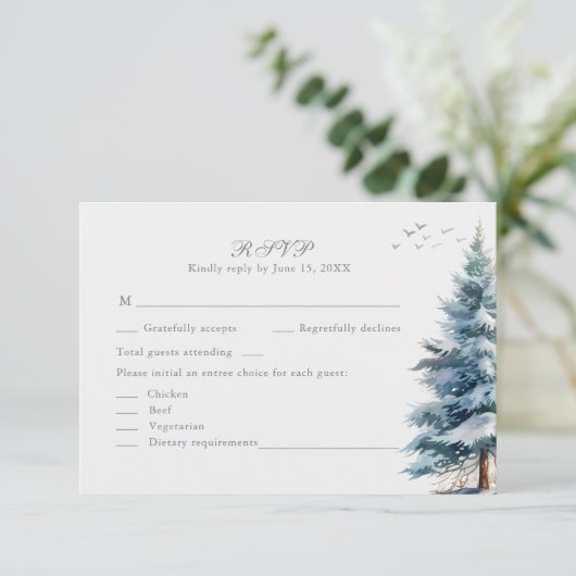 Boho Snowy Mountain & Pine Trees Wedding RSVP Card (スタンド正面)