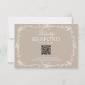Boho Soft Taupe Floral QR Code Botanical Wedding 出欠カード (正面)