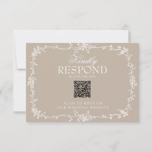 Boho Soft Taupe Floral QR Code Botanical Wedding 出欠カード (正面)