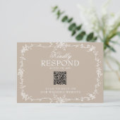 Boho Soft Taupe Floral QR Code Botanical Wedding 出欠カード (スタンド正面)