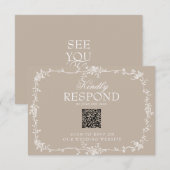 Boho Soft Taupe Floral QR Code Botanical Wedding 出欠カード (正面/裏面)