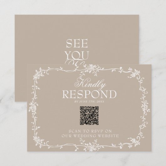 Boho Soft Taupe Floral QR Code Botanical Wedding 出欠カード (正面/裏面)