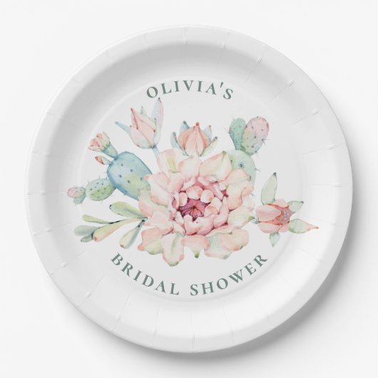Boho Southwestern Bridal Shower | Floral Cactus ペーパープレート (正面)