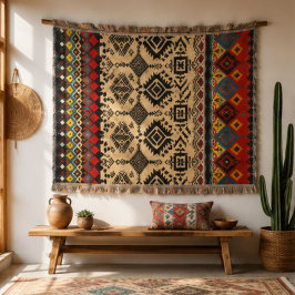 Boho Southwestern Geometric Pattern with Red Blue スローブランケット