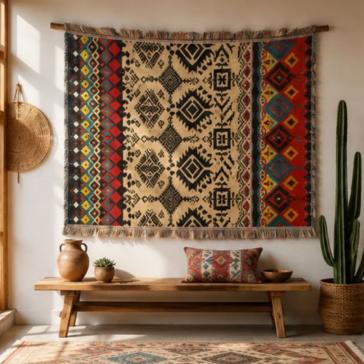 Boho Southwestern Geometric Pattern with Red Blue スローブランケット