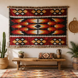 Boho Southwestern Tribal Geometric Beaded Rust スローブランケット