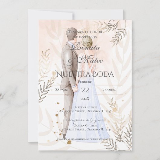 Boho Spanish with bride and groom wedding 招待状 (正面)