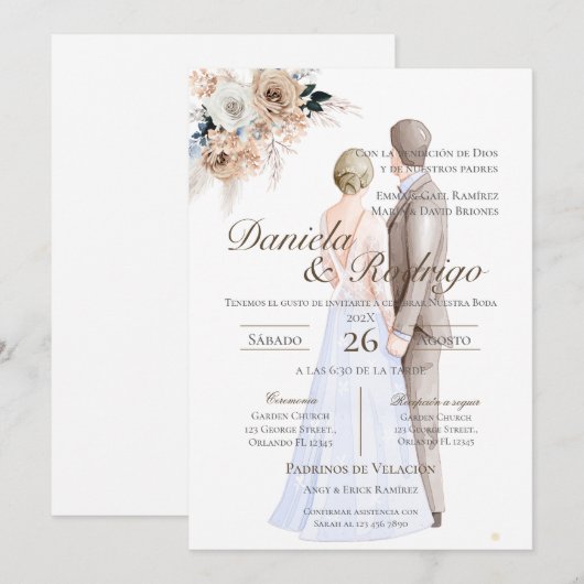 Boho Spanish with bride and groom wedding 招待状 (正面/裏面)