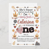 Boho Strawberry 1st Birthday, EDITABLE Berry Sweet 招待状 (正面/裏面)