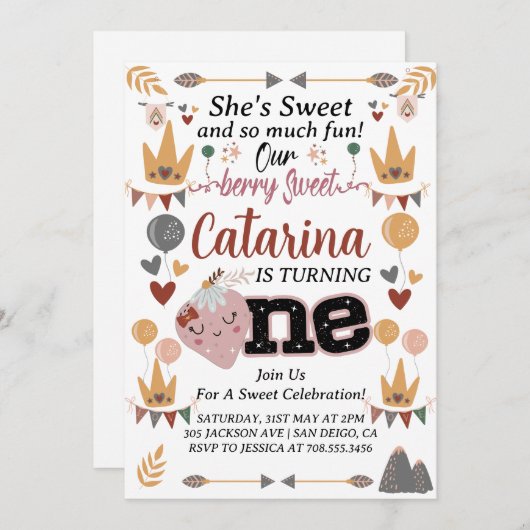 Boho Strawberry 1st Birthday, EDITABLE Berry Sweet 招待状 (正面/裏面)