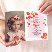 Boho Strawberry First 1st Birthday写真 招待状