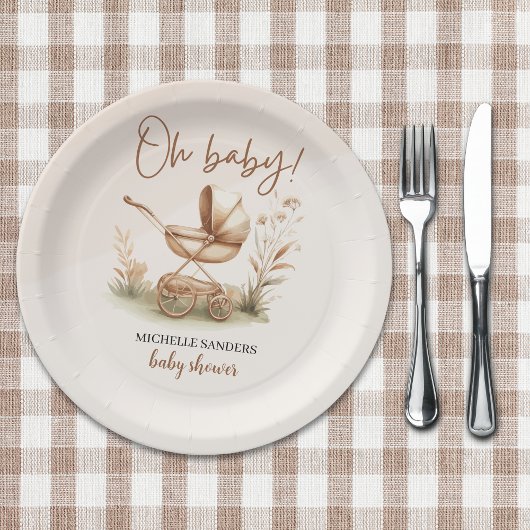 Boho Style Baby stroller neutral baby shower ペーパープレート