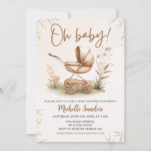 Boho Style Baby stroller neutral baby shower 招待状 (正面)
