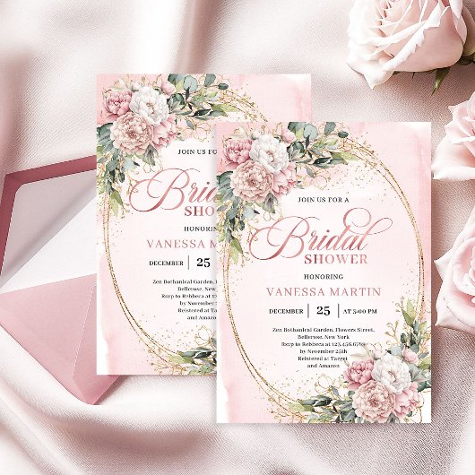 Boho Stylish Dusty Pink Floral Gold Bridal Shower 招待状