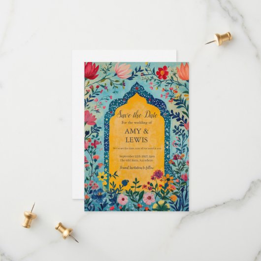 Boho Summer Blue Floral Save the Date Invitation セーブザデート (正面/裏面インサイチュ)