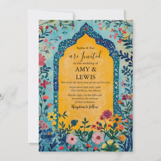 Boho Summer Blue Floral Wedding Invitation 招待状 (正面)