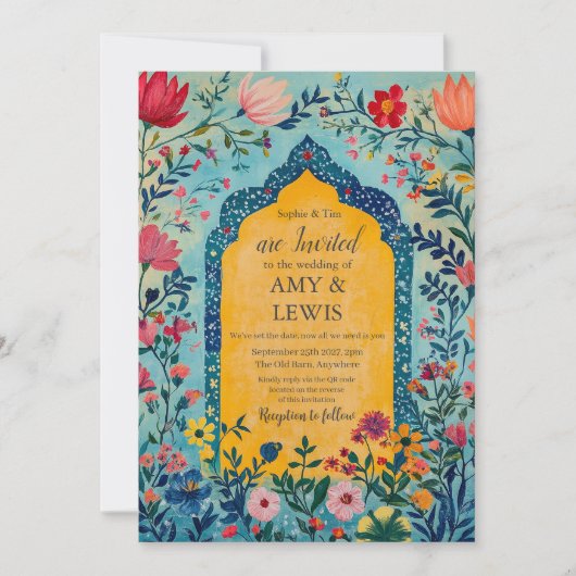 Boho Summer Blue Floral Wedding Invitation 招待状 (正面)